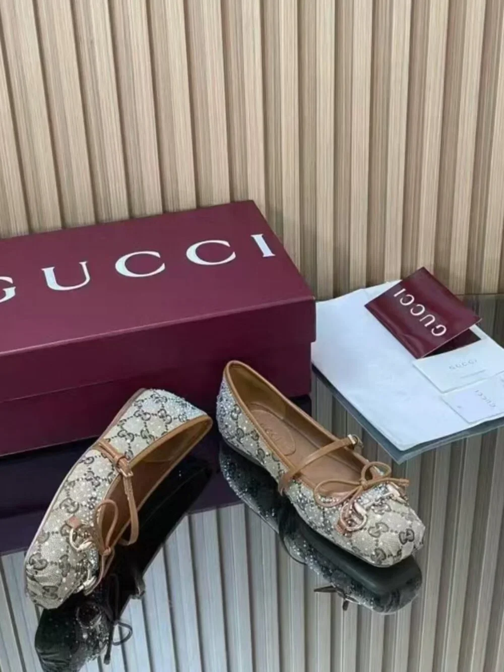 Gucci Monogram Canvas Rhinestone Horsebit Bow Mary‑Jane Flats